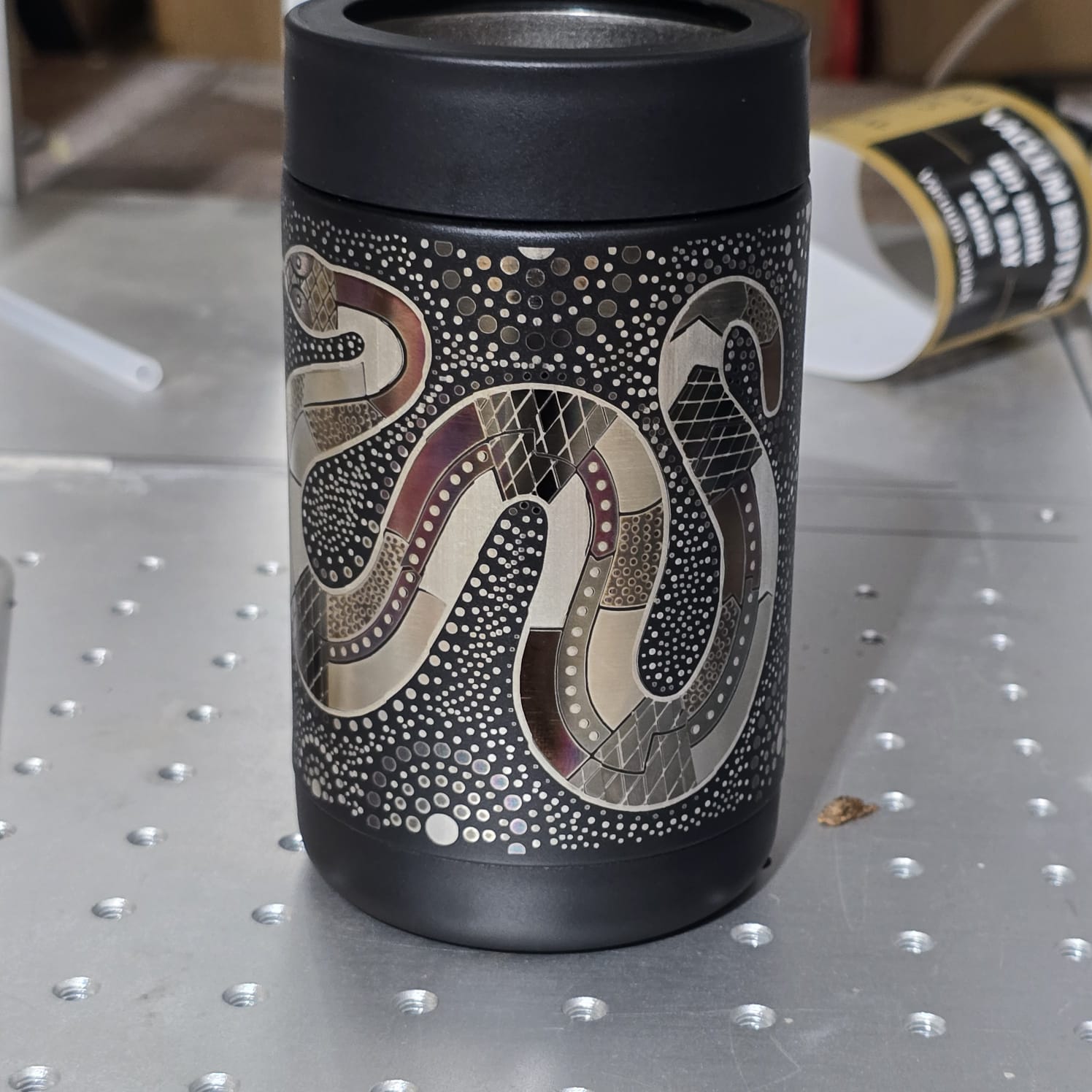 Australian snake artwork engraved in colour on a tumbler