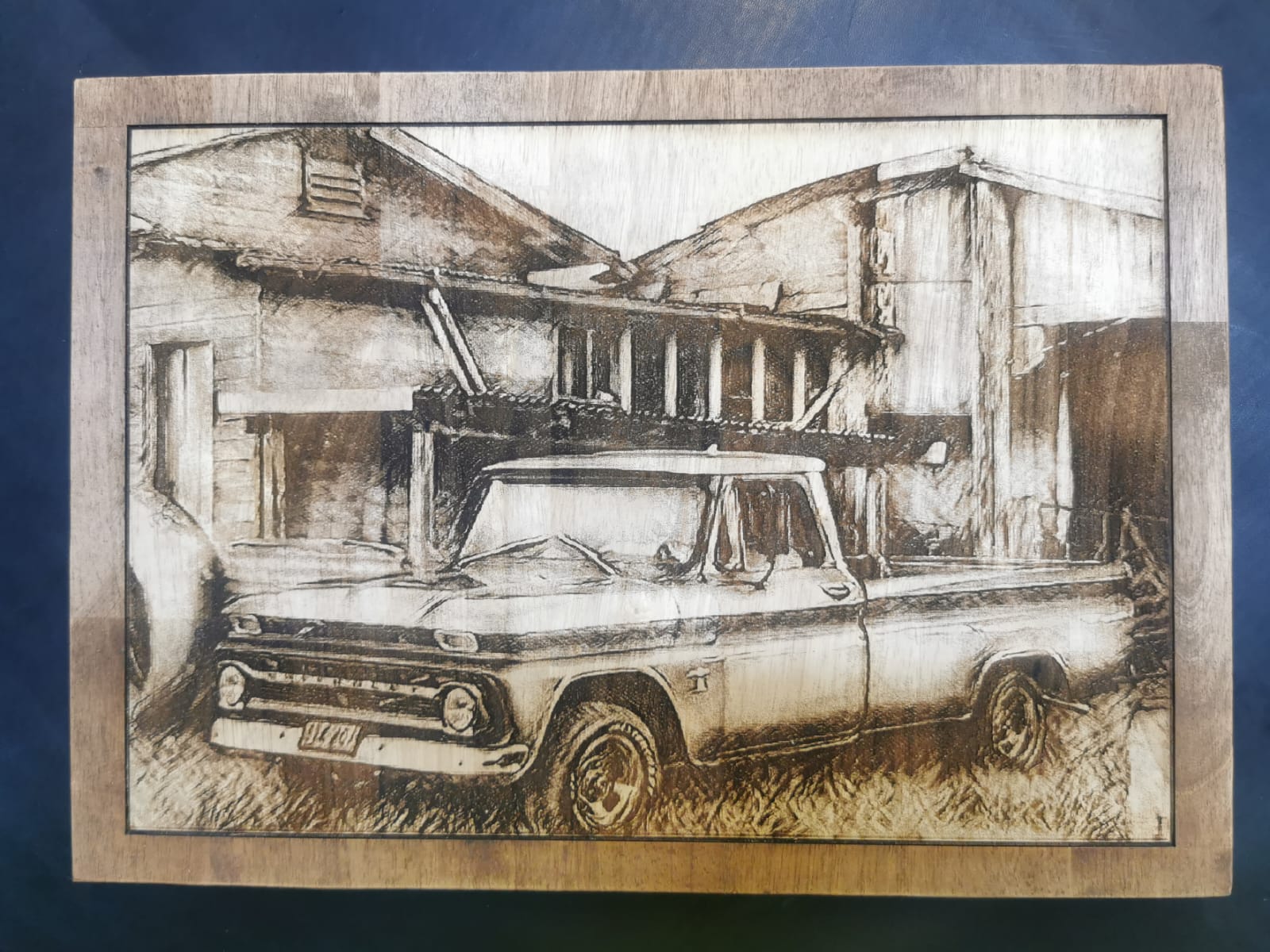 Truck photograph engraved into wood